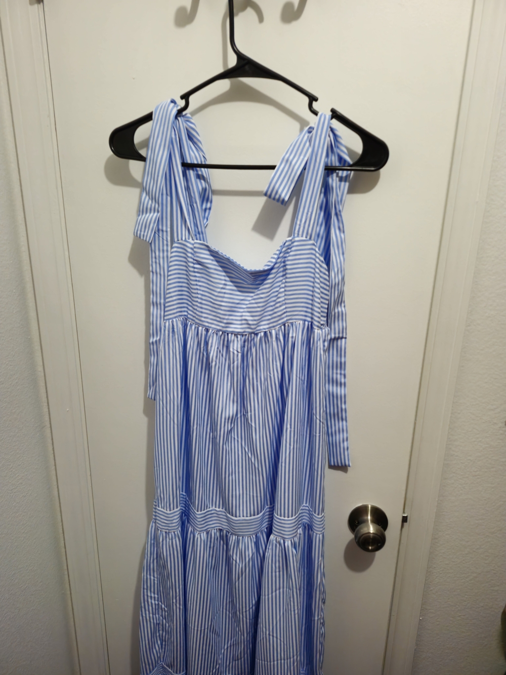 Blue and White Striped Tie-Shoulder Maxi Dress